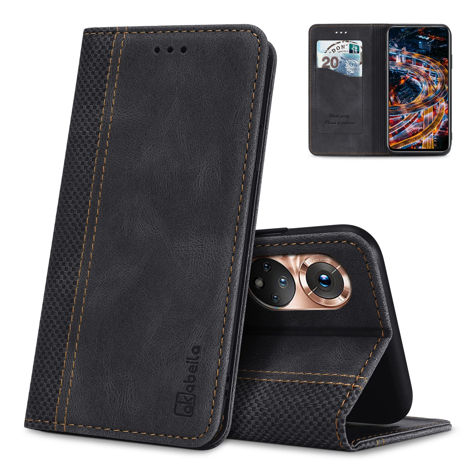 AKABEILA Case for Honor 50 PU Leather Flip Wallet Case with Magnetic Closure Kickstand Card Slot Shockproof Black