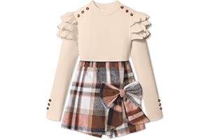 Tainmully Girls Clothes Ruffle Long Sleeve shirt Top and Bowtie Plaid Skort Set 2PCS Girls Fall Outfits 6-16 Years