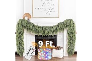 NUTIKAS Cedar Christmas Garland with Lights for Mantle - Decorations 9ft Realistic Lighted Faux Pine Garlands for Xmas Home Decoration Indoor Stairs Railing Fireplace Outdoor 9 ft Prelit Garland Door Decor