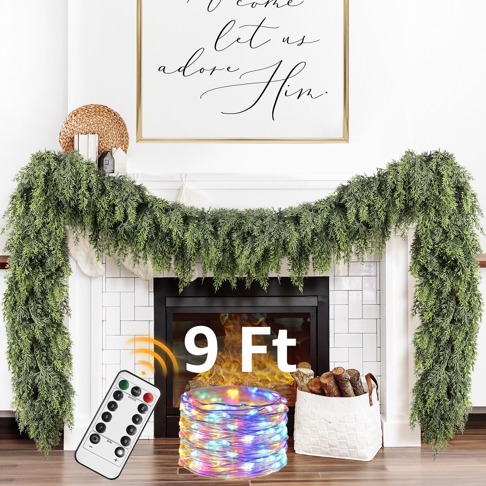 Photo 1 of Cedar Christmas Garland with Lights for Mantle - Decorations 9ft Realistic Lighted Faux Pine Garlands for Xmas Home Decoration Indoor Stairs Railing Fireplace Outdoor 9 ft Prelit Garland Door Decor