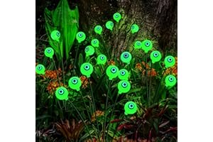 NEWHALE Set of 4 Solar Halloween Decorations, 8 Modes Halloween Solar Swaying Garden Lights with Eyeballs, Pathway Stake Lights, Outdoor Solar Halloween Lights Decor, Upgraded Base on Firefly Lights (Green)