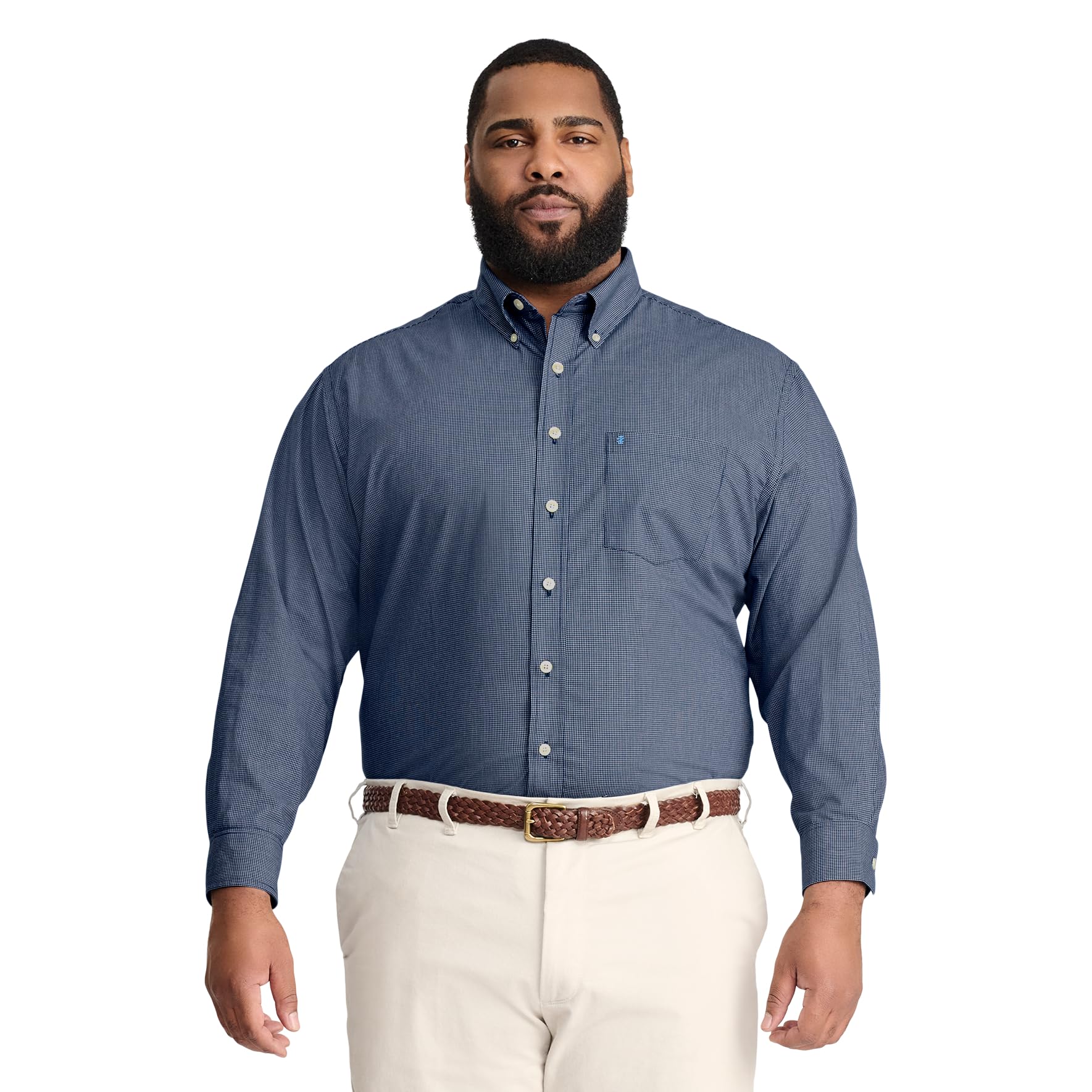 Izod Men's Big and Tall Performance Comfort Long Sleeve Gingham Button Down Shirt, Estate Blue, XX-Large Big Image