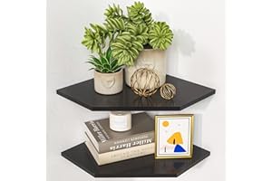 Greatseas Corner Floating Shelves for Wall Storage, Set of 2 Wall Mounted Corner Shelves with Wire Hole for Speaker, Baby Monitor, Hanging Display Shelf Organizer for Living Room Kitchen, Bamboo Black