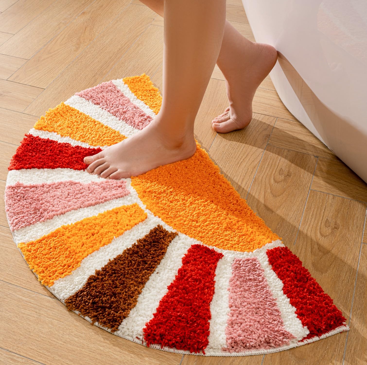 QIUKUN Boho Bathroom Rugs Half Circle Bath Mat Cute Bohemian Bath Rug for Bedroom Small Carpet Home Decor Non-Slip Semi Round Shower Rug Funny Washable Indoor Floor Door Mat Sun Retro