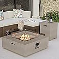 COSIEST 35-inch Square Outdoor Sandstone Propane Fire Pit w Wind Guard and Side Table, CSA Certified, 50,000 BTU Stainless Steel Burner, Free Lava Rocks and Rain Cover, Metal Lid(Gray)