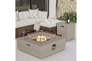 COSIEST 35-inch Square Outdoor Sandstone Propane Fire Pit w Wind Guard and Side Table, Certified, 50,000 BTU Stainless Steel Burner, Free Lava Rocks and Rain Cover, Metal Lid(Gray)