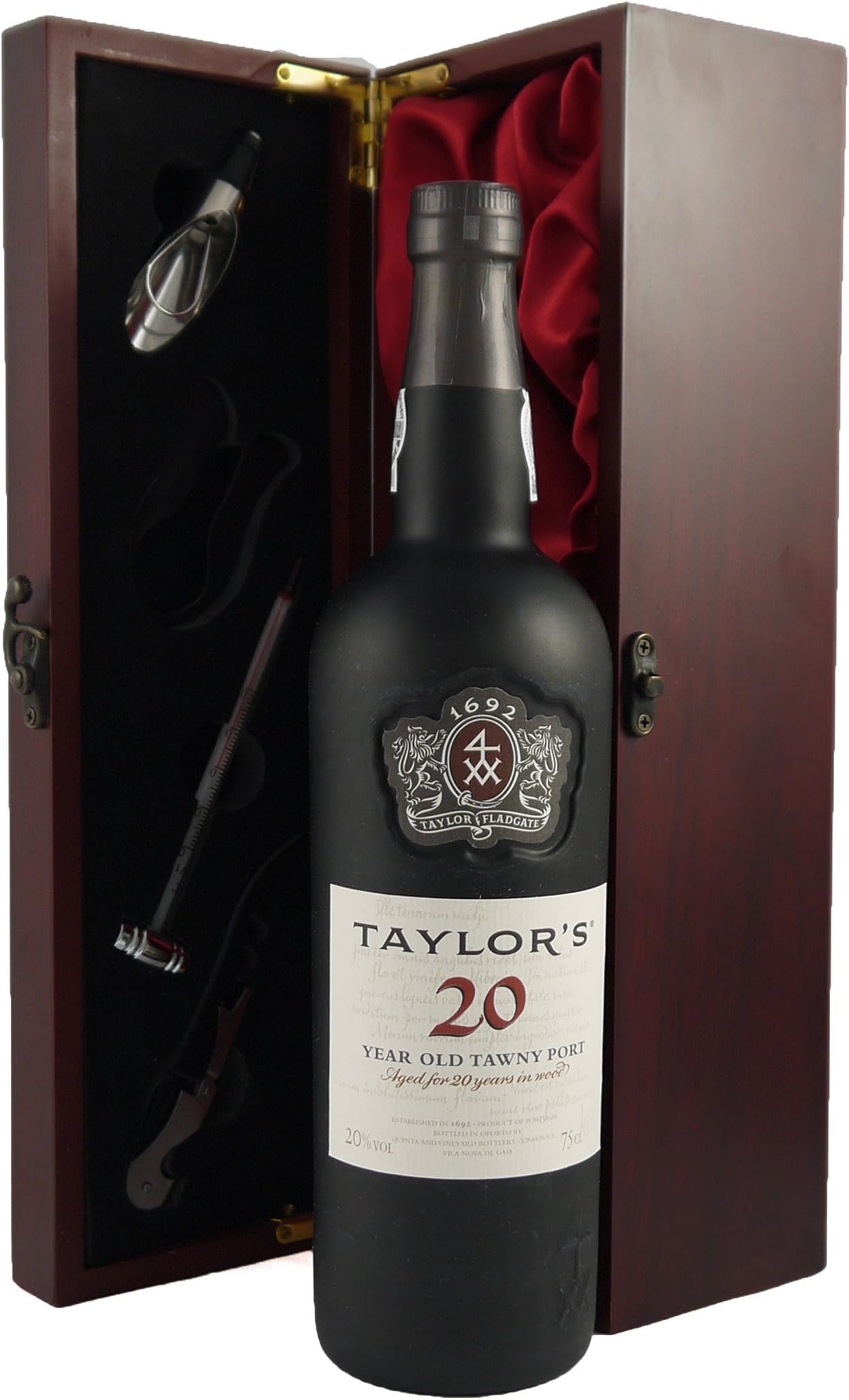 Taylor's 20 year old Tawny Port 75CL presented in a silk lined wooden box with four wine accessories,1 x 750ml