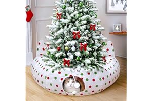 GUDELAK Cat Tunnels for Indoor Cats with Christmas Tree Skirt, 35.4'' Cat Tunnel Bed with Toy Ball, Polka Dots Red and Green Christmas Decorations, Circular Donut Tunnels for Cats and Small Animals