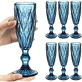 Kytree Vintage Glass Champagne Flutes Set of 6, 5 Ounces Embossed Wine Glasses Blue Sparkling Wine Water Goblets for Christmas, New Year, Party, Anniversaries, Bar, Champagne, Cava, Prosecco