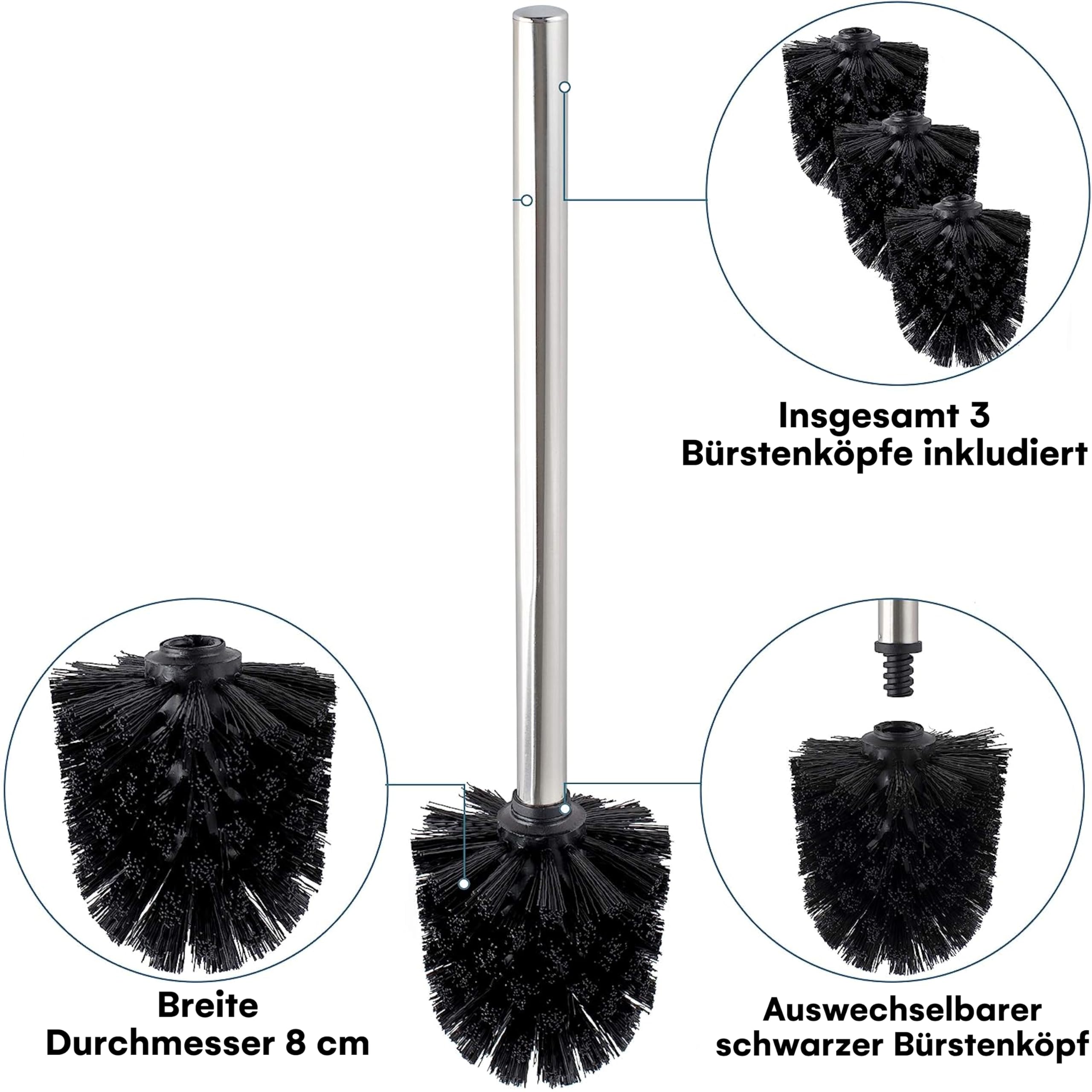 WC-Garnitur - 22 x 18 x 70 cm - Inklusive Klopapierhalter und Toilettenbürste - verchromter Edelstahl - schicker Standfuß aus Glas mit Klobürste - GRATIS: 2 Schwarze Klobürstenköpfe zum Austauschen 5