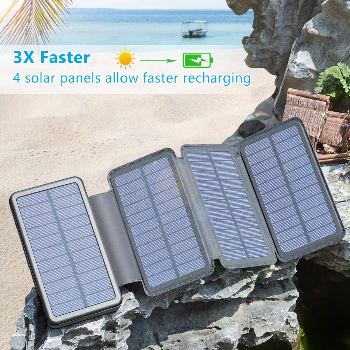Solar Charger 25000mAh, Riapow Waterproof Power Bank with 4 Solar Panels, Dual USB & Type-C Input for Smart Phones, ipad and Laptop, Outdoor Camping