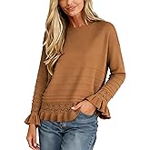 Vimida Womens Crochet Sweater Crewneck Long Sleeve Pullover Knit Top Ruffled Hem Casual Office Fall Winter Wear