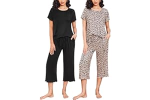 Ekouaer 2 Pack: Women's Pajamas Set Short Sleeve Sleepwear Capri Pants Pjs Sets Soft Loungewear With Pockets