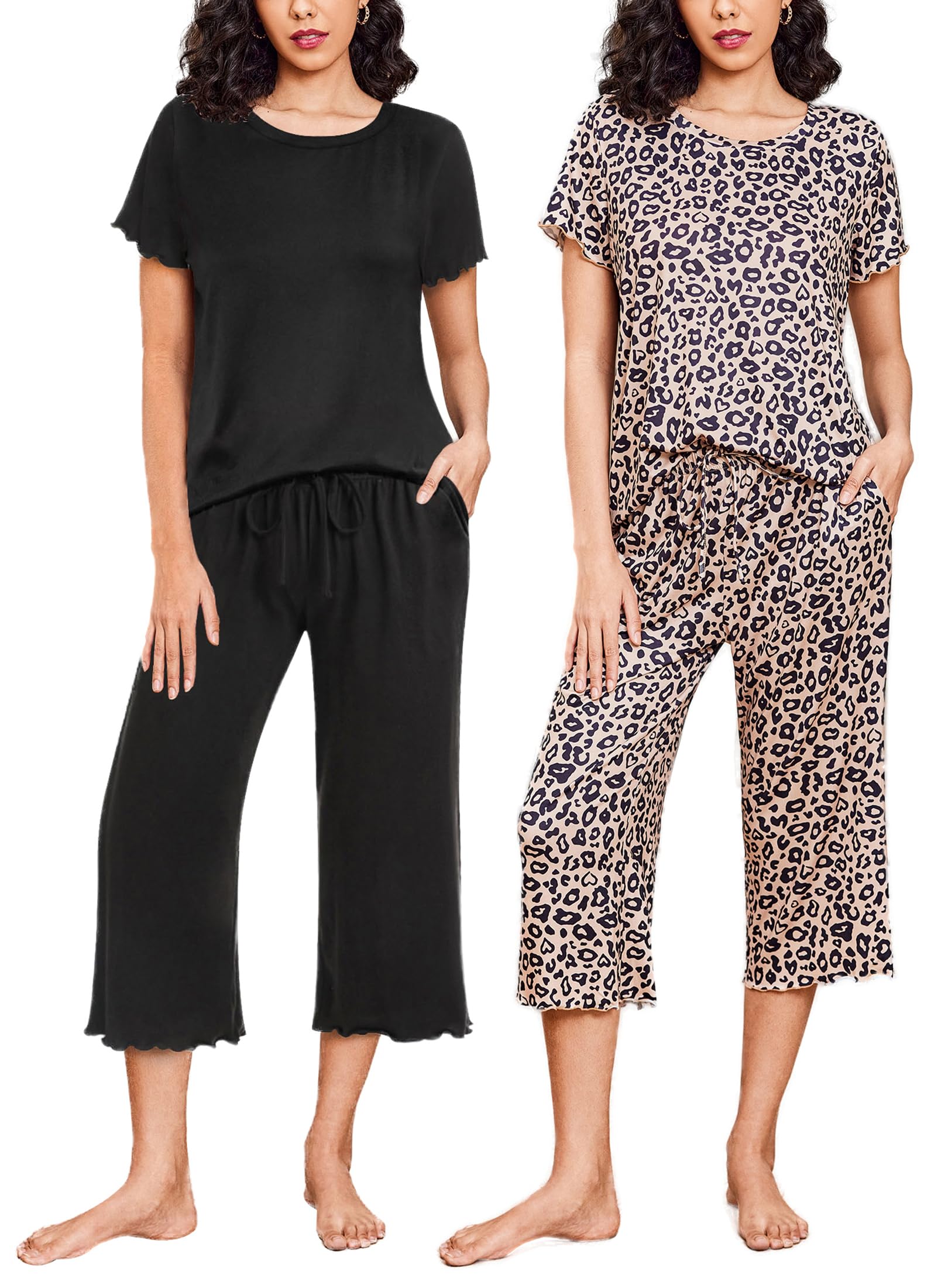 Ekouaer 2 Pack: Women's Set Short Sleeve Pj Top Capri Pants - Pajamas Sets Lounge & Sleepwear Set,black/Leopard,X-Large
