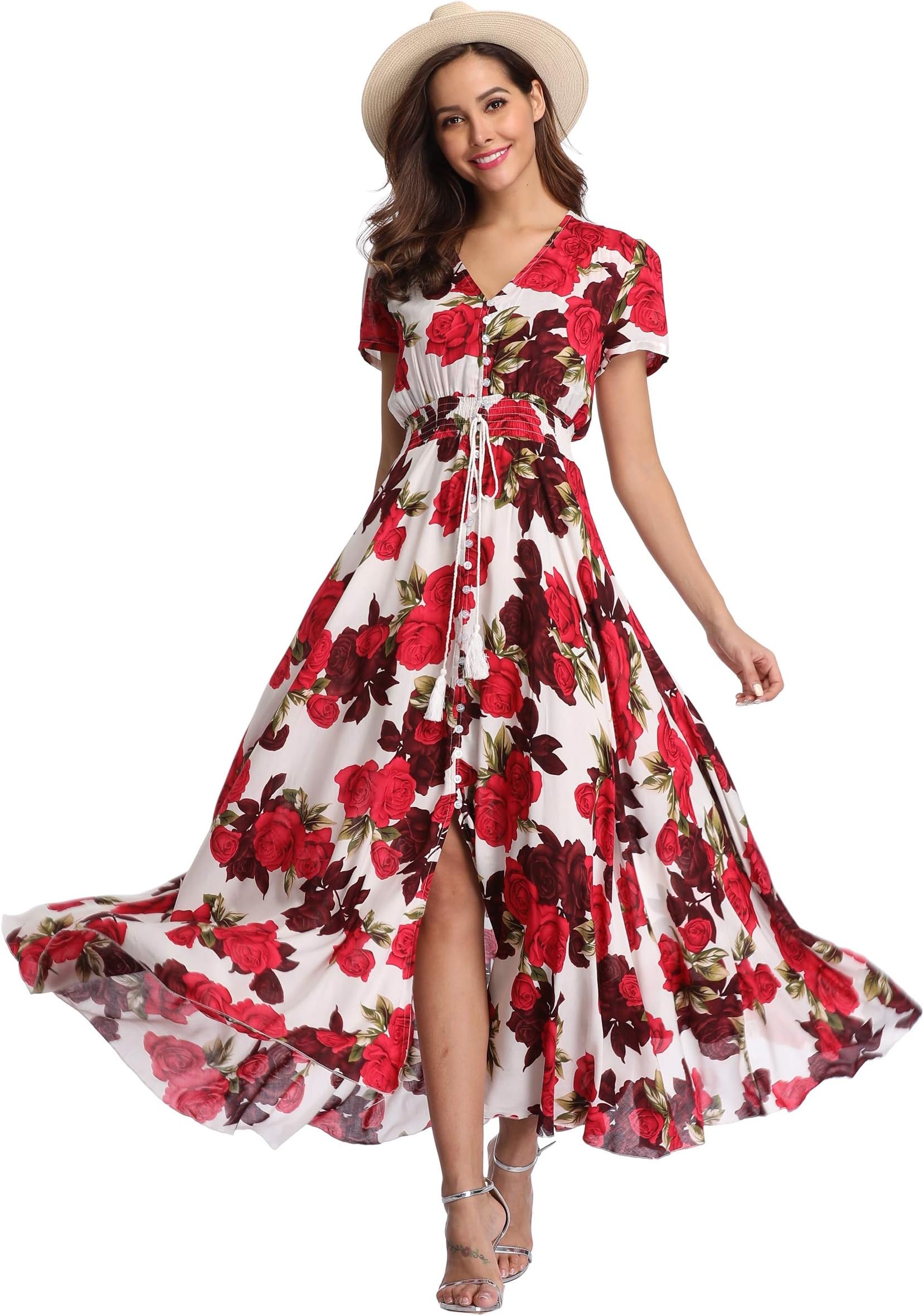 Women's Floral Maxi Dresses Boho Button Up Split Beach Party Dress