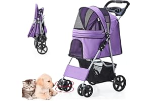 LPOTIUS Pet Stroller for Medium Small Dogs and Cats, Folding Puppy Stroller Dog Cat Cage Jogger Stroller with Cup Holder and Storage Basket, 4 Wheels, Purple