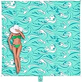 WEKAPO Beach Blanket Waterproof Sandproof Oversized Extra Large Sand Free Beach Mat with Stakes, Storage Bag - Essentials for Outdoor Beach, Picnic (Turquoise Ocean Waves, 11 X 9 FT (1~10 Person))