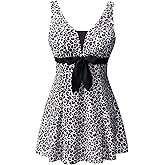 Searainer Women's One Piece Swimsuit Plus Size Swim Dress Tie Front V Neck Printed Swimwear Tummy Control Bathing Suit