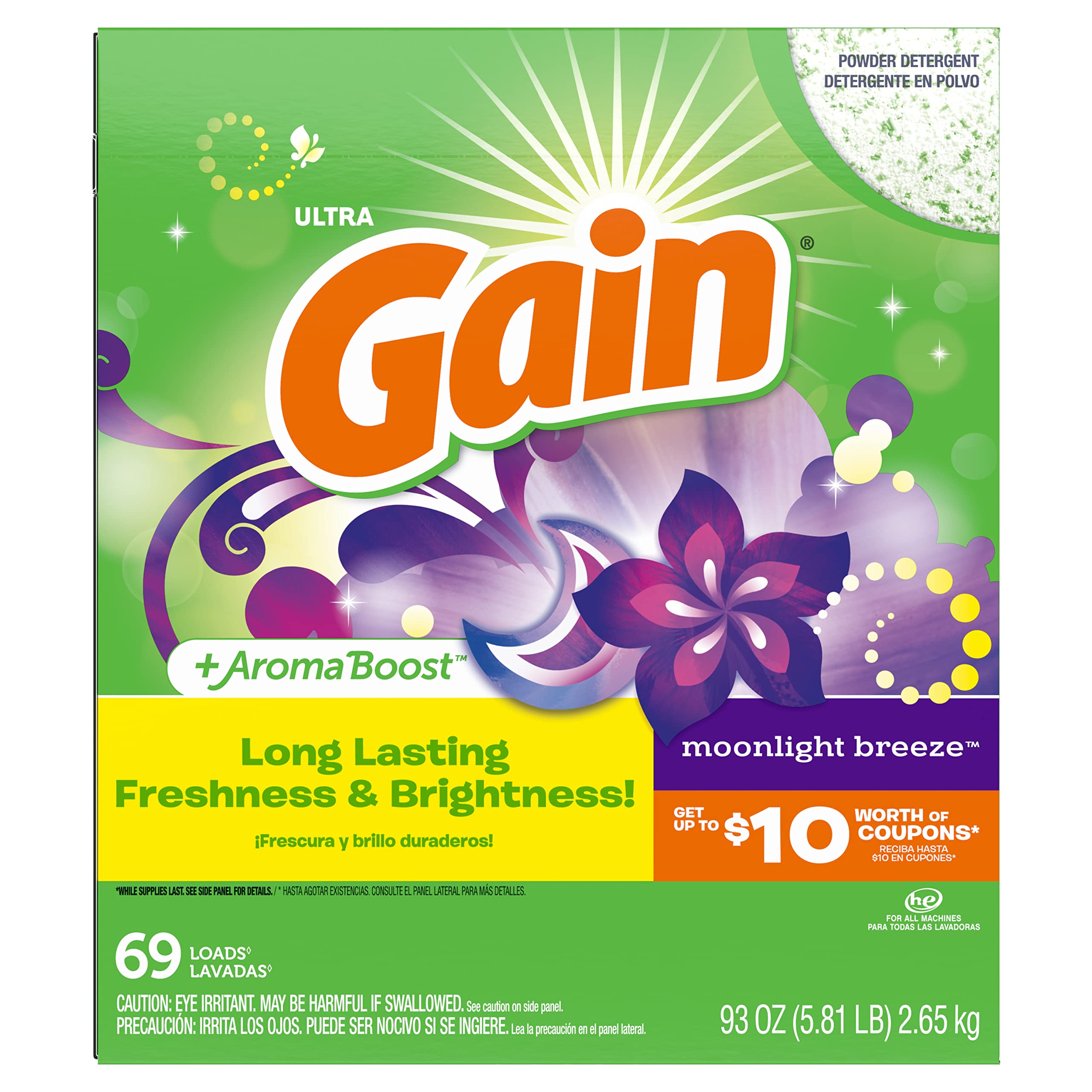 Gain Powder Laundry Detergent for Regular and HE Washers, Moonlight Breeze Scent, 93 ounces (Packaging May Vary)