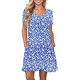 PLOKNRD Women's Casual Dress T-Shirt Summer Short Sleeve V Neck Chest Pleats Swing Dresses with Pockets 2025