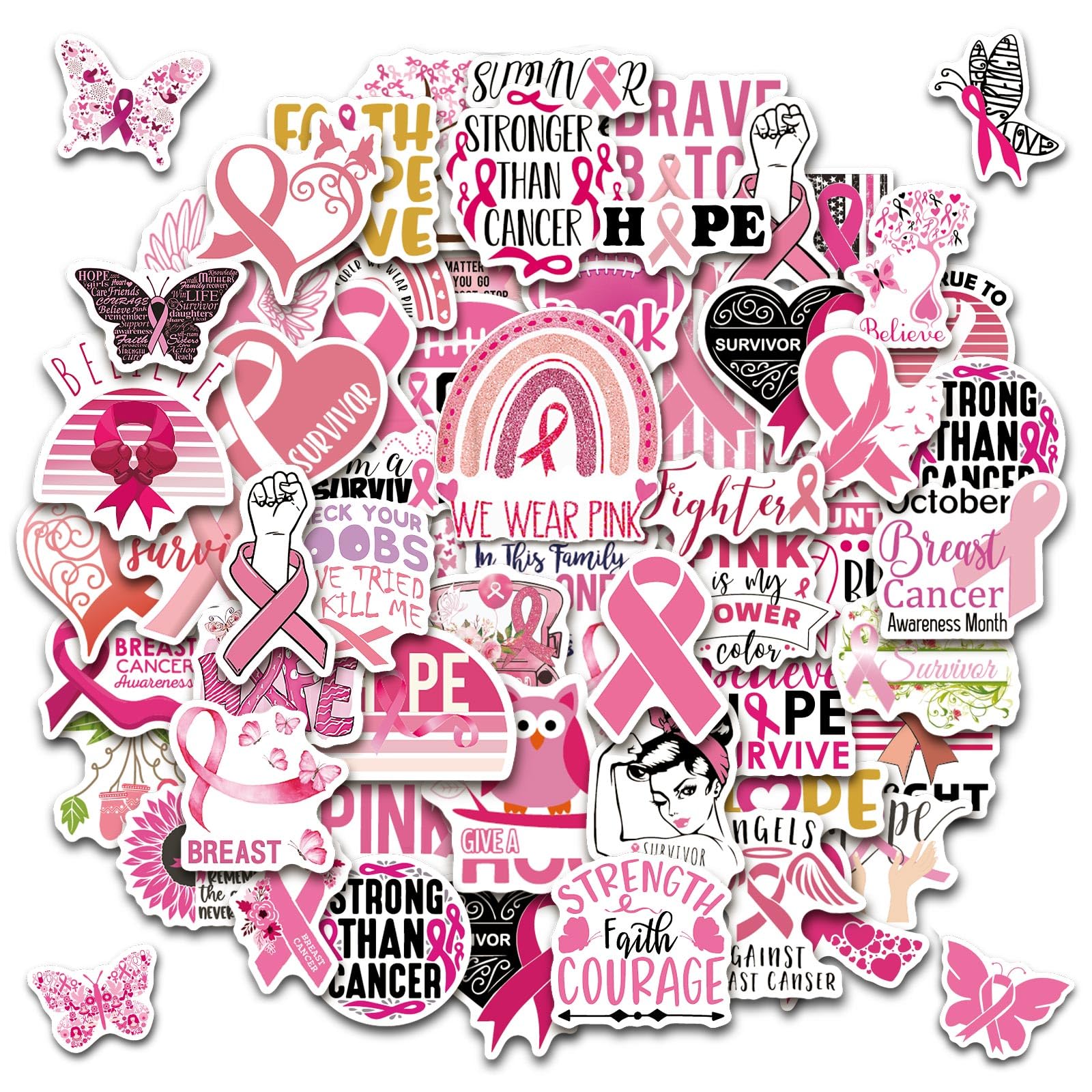 JULBEAR Breast Cancer Stickers, 200Pcs Breast Cancer Awareness Stickers Pink Ribbon Stickers Caring for Women's Health Water-Repellent Vinyl Stickers Decals for Laptop Bike
