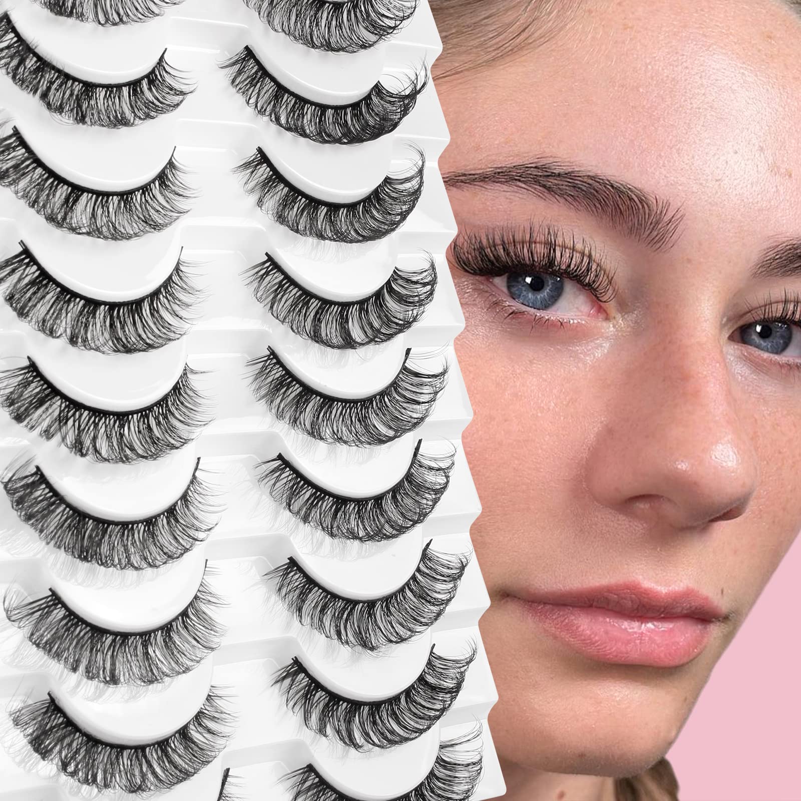 Glowing Win Cat Eye Lashes Natural Look Russian Strip Lashes D Curl Wispy Fluffy Russian Strip Lashes Hybrid Lashes 10 Pairs Pack Fake/False Lashes Faux Mink Lashes 3D Effect