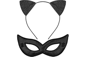 Ellzk Black Cat Ears Headband, Cat Mask Halloween Cat Woman Glitter Kitty Cat Ears Headband with Black Mask for Woman