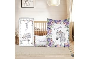 Duckbe Custom Crib Bedding Set - Horse Design Personalized Name Baby Nursery Bedding 3 Pcs Set - Chic Soft Blanket, Sheet, Pi