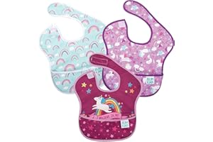Bumkins Bibs for Girl or Boy, SuperBib Baby and Toddler for 6-24 Months, Essential Must Have for Eating, Feeding, Baby Led Weaning Supplies, Mess Saving Catch Food, Fabric 3-pk Unicorns and Rainbows