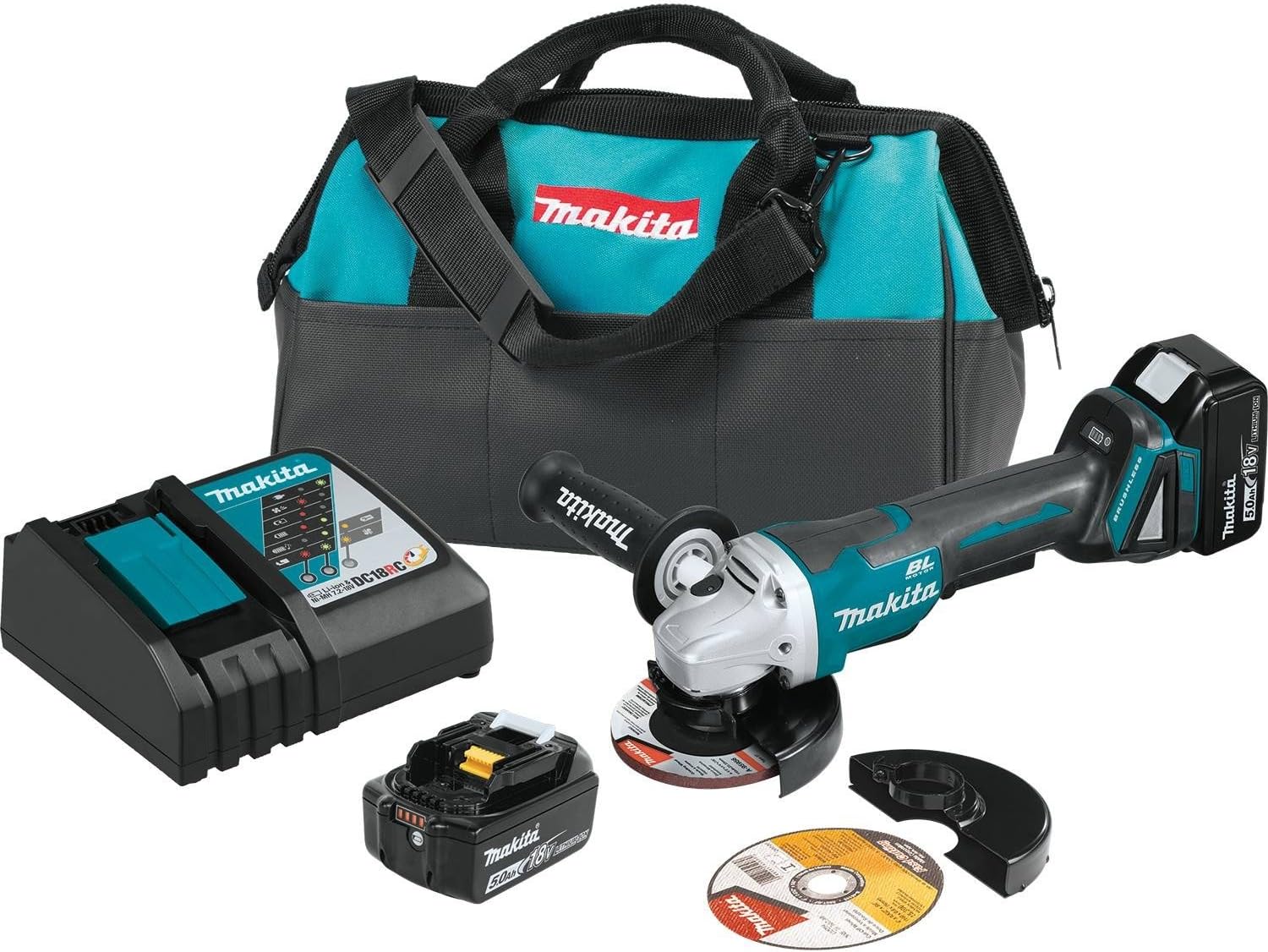 Makita XAG11T 18V LXT Lithium-Ion Brushless Cordless 4-1/2”/ 5" Paddle Switch Cut-Off/Angle Grinder Kit, with Electric Brake (5.0Ah)