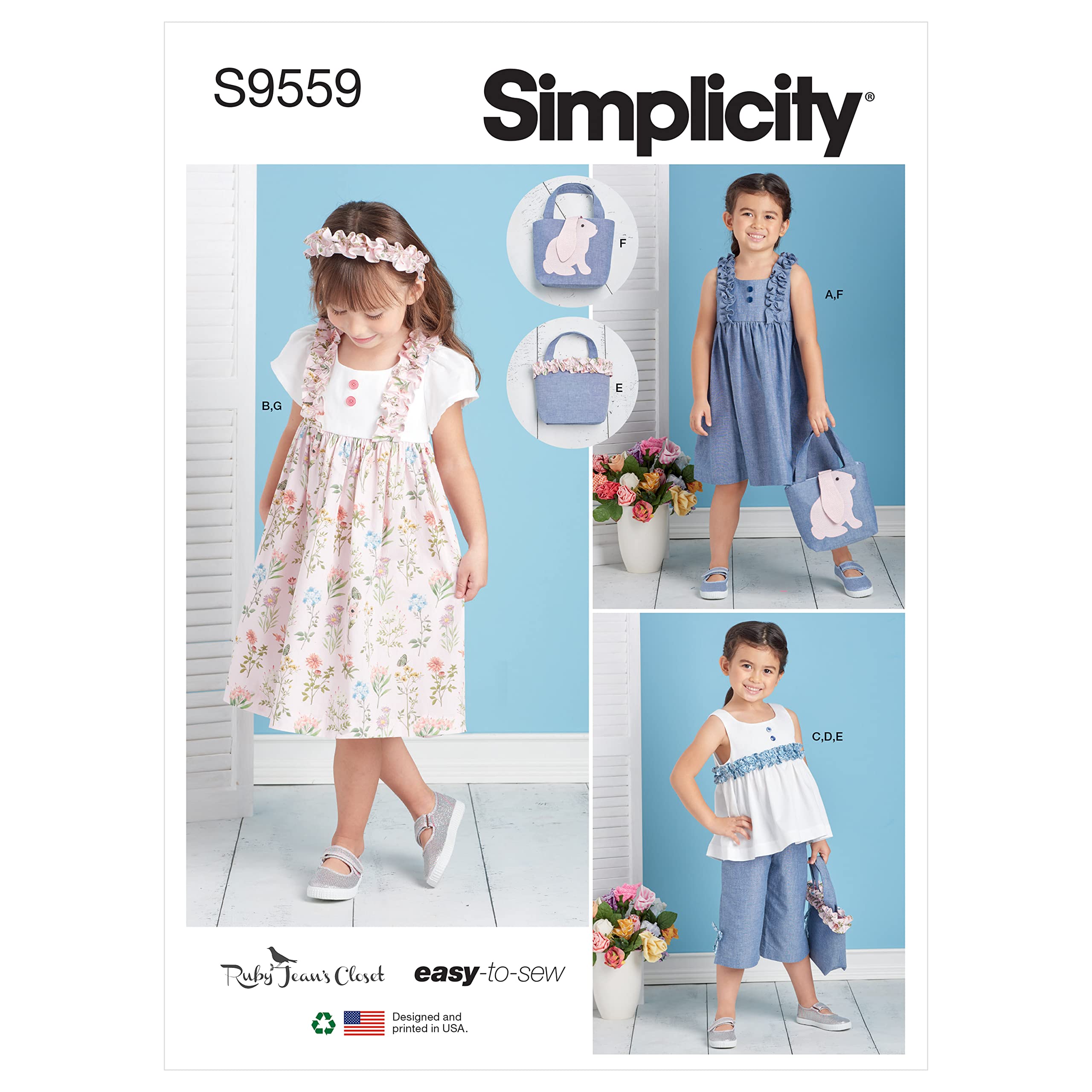 Simplicity SS9559A Children's Dress, Top, Pants, Purses and Headband A 3-4-5-6-7-8