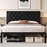 Fluest Queen Bed Frame with Headboard PU Leather Upholstered Bed Frame Platform,All Metal Slats Support Platform Bed Frame with Storage Space,Easy Assembly,Noise Free,No Box Spring Needed,Black