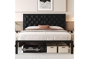 Fluest Queen Bed Frame with Headboard PU Leather Upholstered Bed Frame Platform,All Metal Slats Support Platform Bed Frame with Storage Space,Easy Assembly,Noise Free,No Box Spring Needed,Black