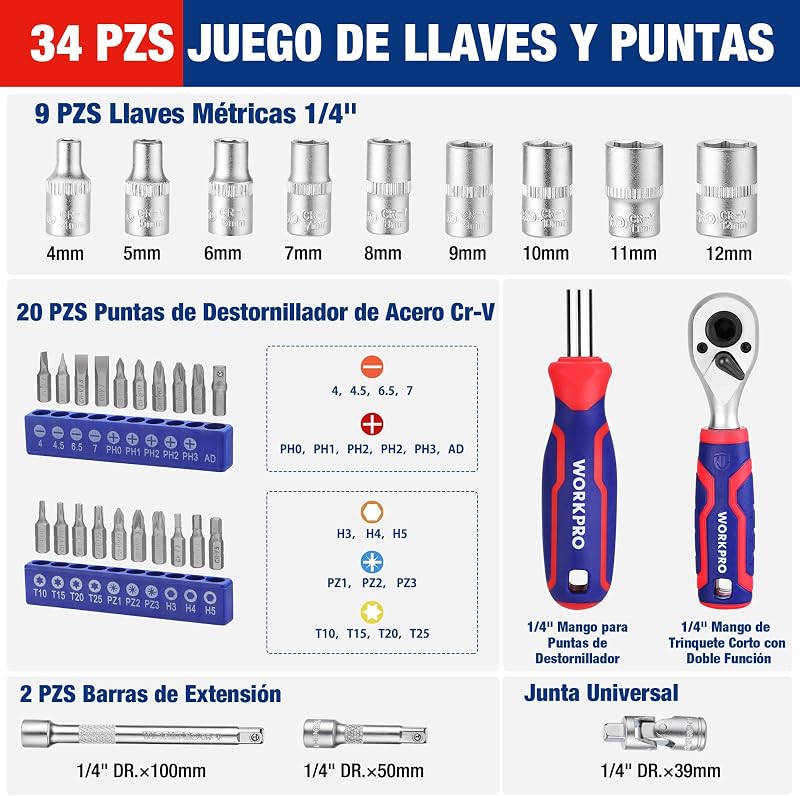 Conjunto de chave de soquete de 34 peças com catraca de 1/4"