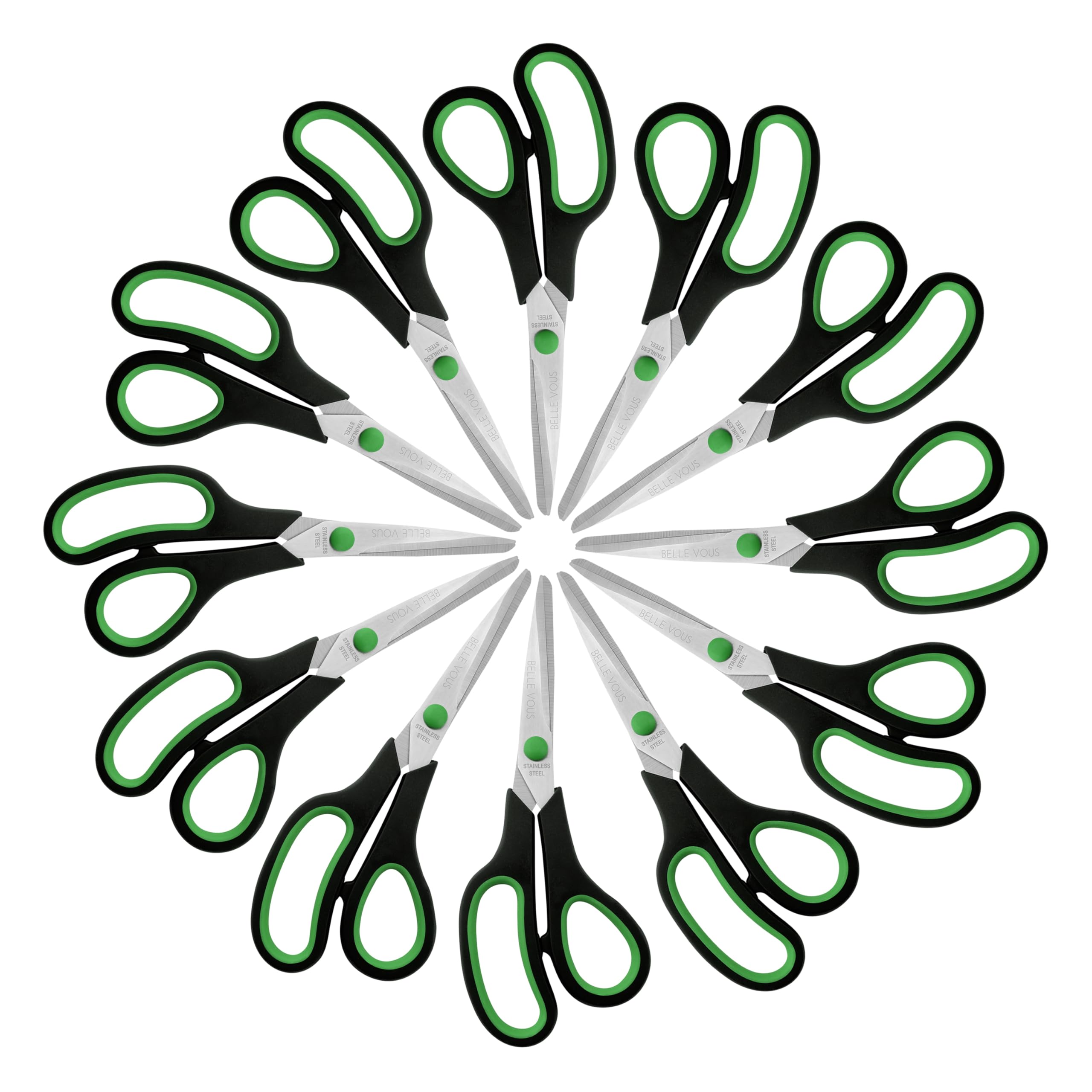 Belle Vous (12 Pack) Black & Green Adult Scissors - Crafting/Stationery Scissors Multipack for Wrapping Paper - Sharp Heavy Duty Blades for Home/Office
