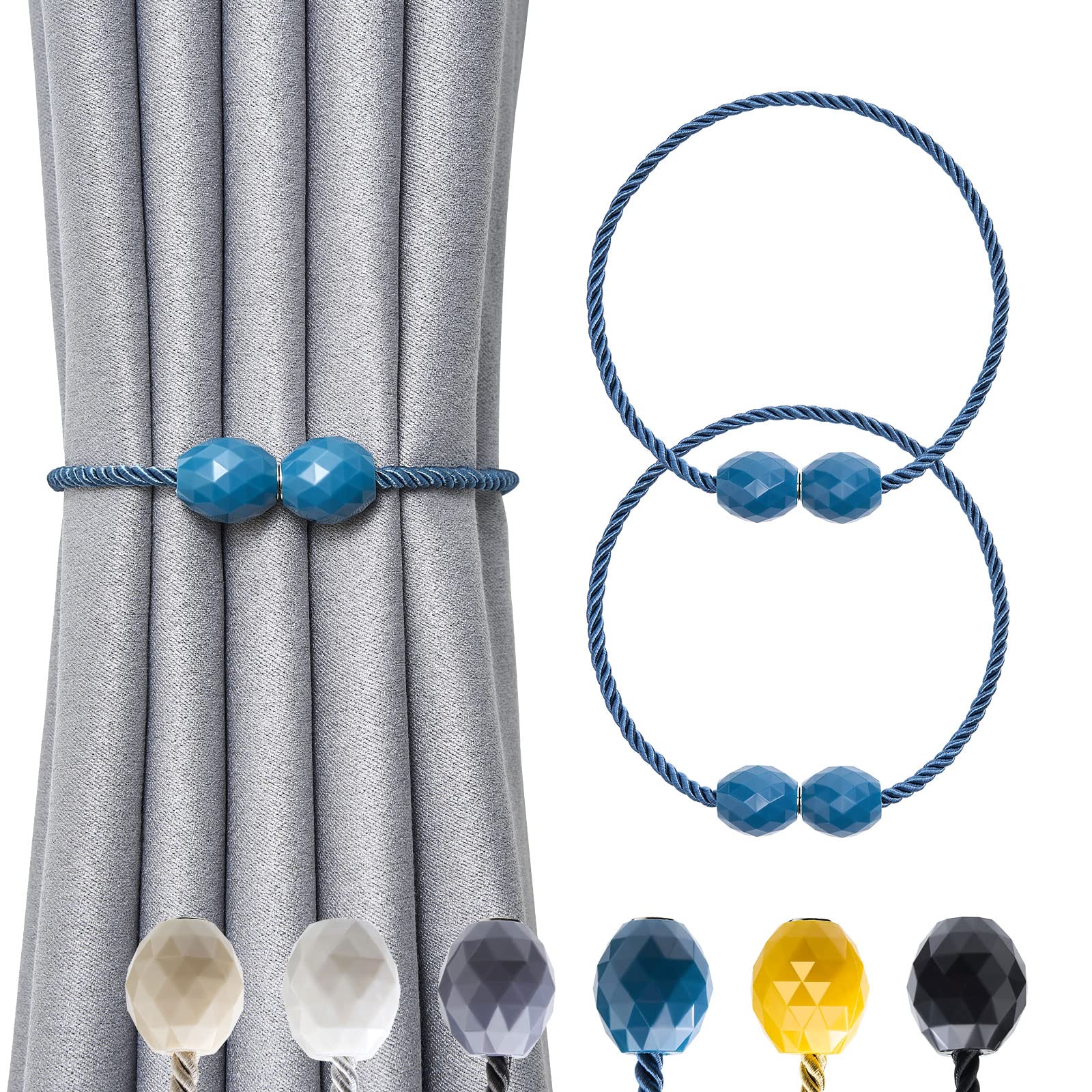 Pretty Jolly 2 Pack Magnetic Curtain Tiebacks Handmade Weave Rope Curtain Holdbacks Elegant Decorative Polyhedra Curtain Drape Tie Backs for Home & Office Thick & Thin Window Drapery (Blue)