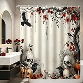 Halloween Skull Shower Curtain Skeleton Vintage Spooky Crow, 70