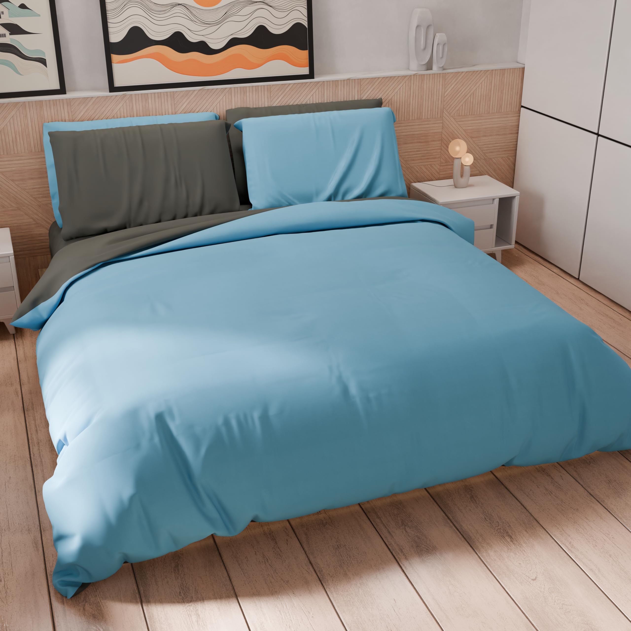 PETTI Artigiani Italiani - Double Duvet Cover Set 250 x 200 cm (2 Pillowcases 50 x 80 cm Included), Soft Microfibre Duvet Cover Set, Plain Blue - Dark Grey