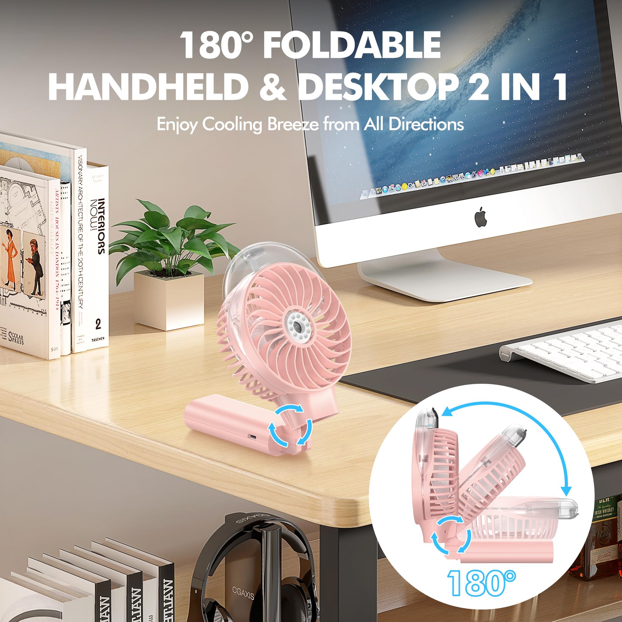 MORECORE Portable Misting Fan, 180° Foldable Handheld Personal Fan with Mist Spray, 3 Adjustable Wind Speeds, USB Rechargeable for Travel Outdoors Makeup Camping Home Office (Pink)