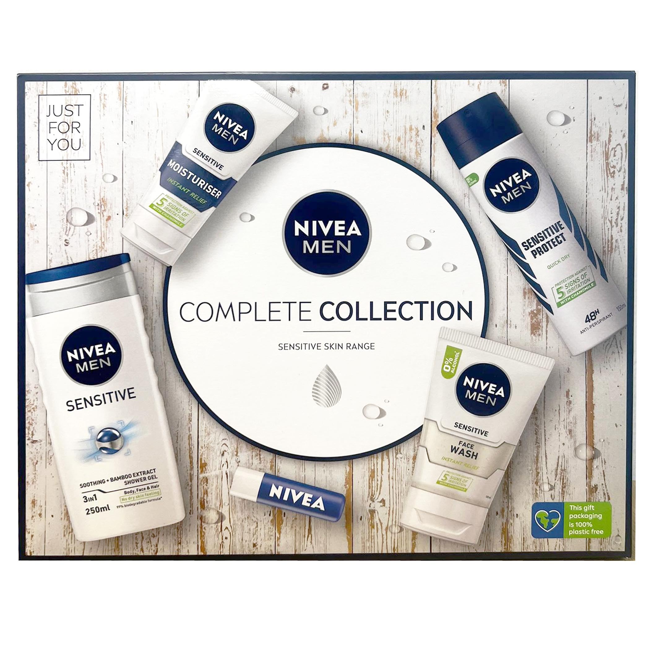 NIVEA Men Complete Collection Sensitive Skincare Gift Set - Shower Gel, Moisturiser, Face Wash, Anti-Perspirant, Lip Balm