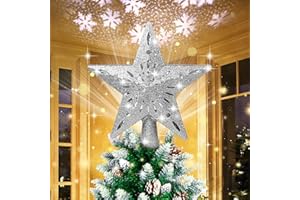 BLOOMWIN Christmas Tree Topper Lighted with Snowflake Projector, LED Rotating Hollow Snowflake, 3D Glitter Lighted Silver Snow Tree Topper for Xmas Tree Festival Decorations Lights