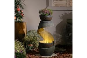 31.9" S-Shaped Water Outdoor Fountain–Modern Cascading Waterfall Feature with LED Lights & Planter Bowl, Garden Fountains Out