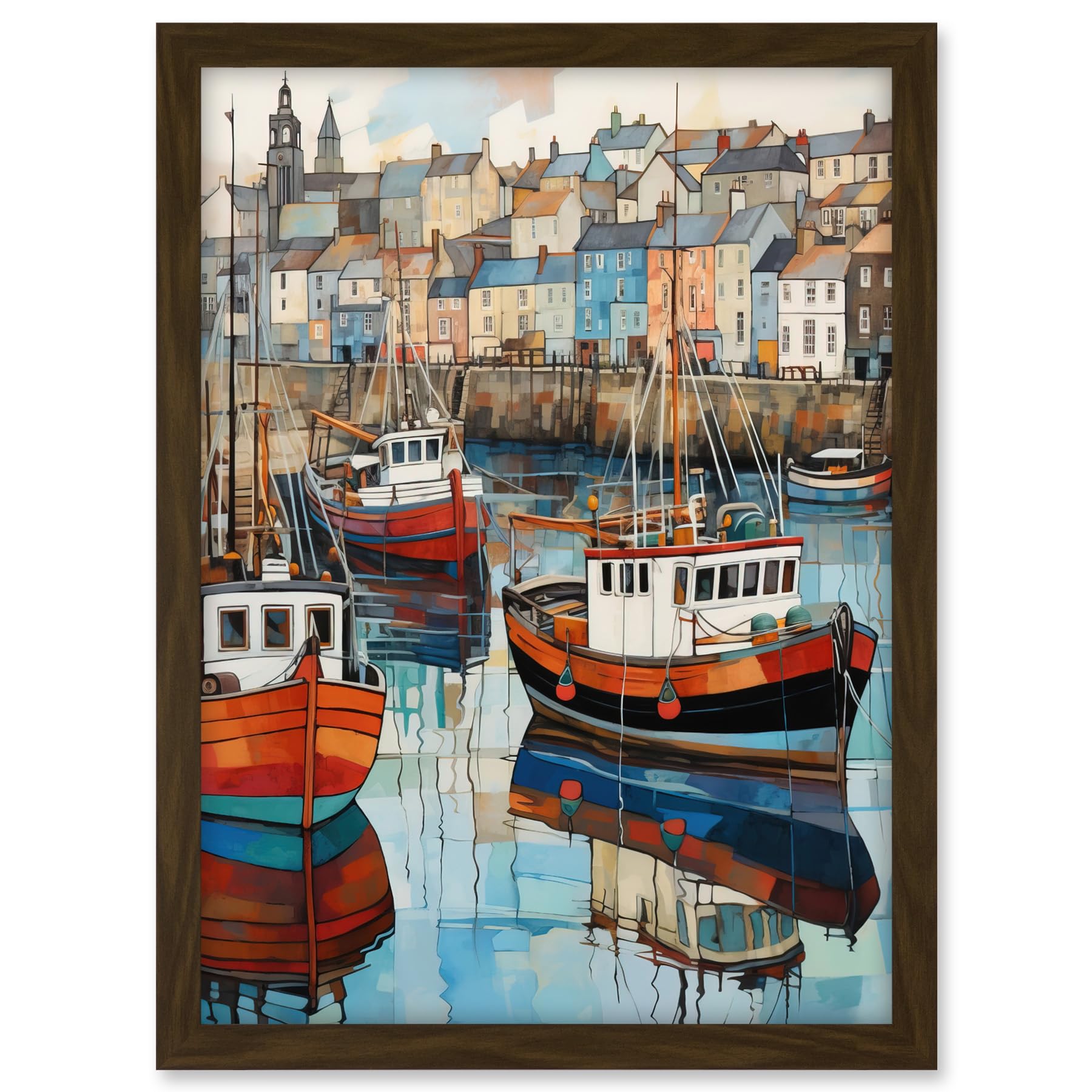 Artery8 Newlyn Harbour Trawler Boats Promenade Watercolour Painting Cornwall Coastal Townscape Artwork Framed A3 Wall Art Print