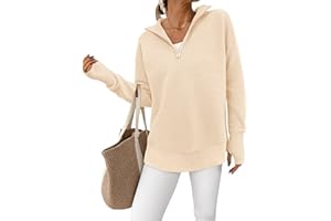 PRETTYGARDEN Womens Long Sleeve Quarter Zip Pullover Sweater Casual Loose V Neck Collared Ribbed Knit Jumper Tops Thumb Hole