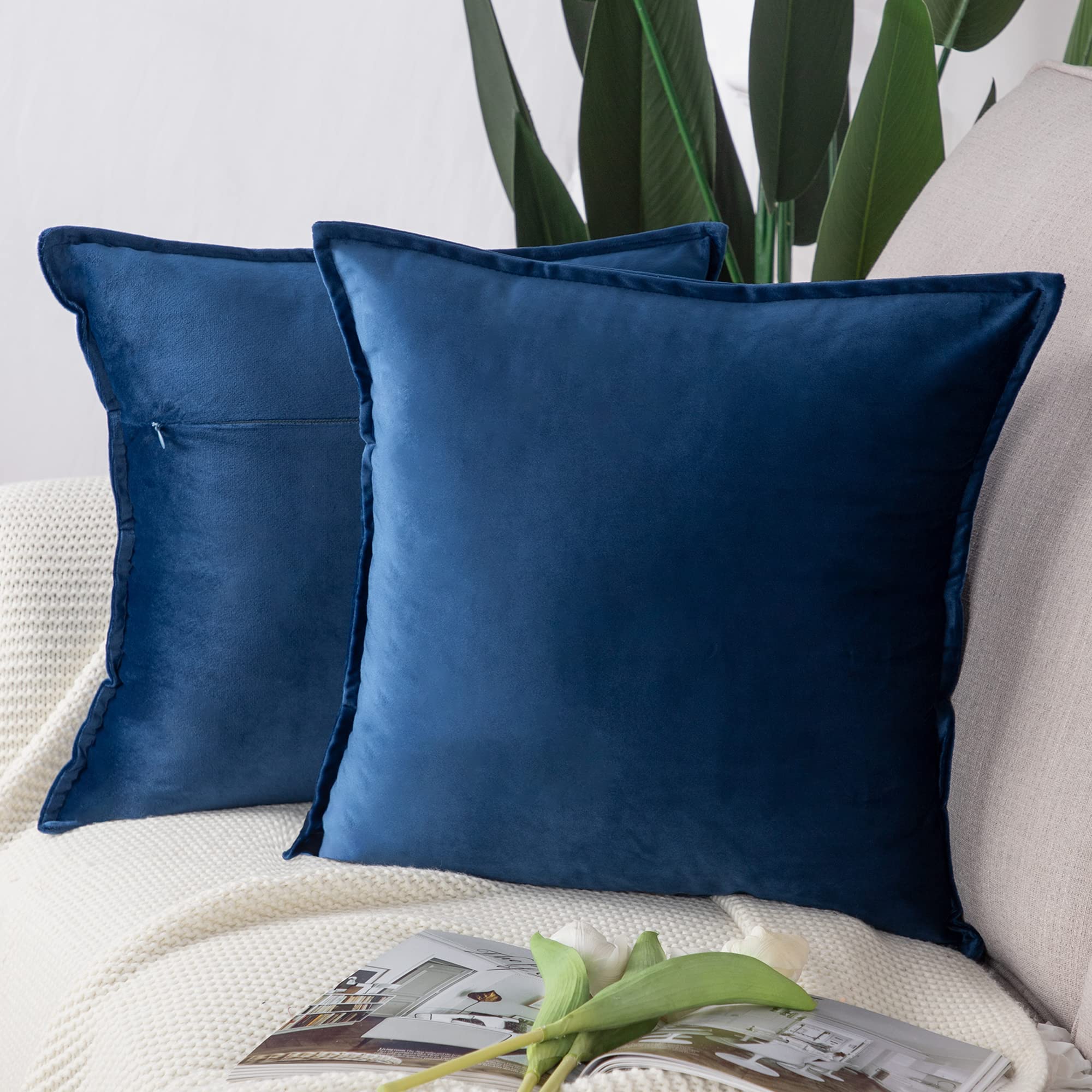 Madizz Pack of 2 Super Soft Velvet Decorative Cushion Covers with Fringe Luxury Style Cushion Case European Pillow Shell for Sofa Bedroom Square Blue 24x24 inch, 60x60 cm