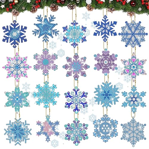 MATHARAGO 20 Pcs Snowflakes Diamond Art, 5D DIY Double-Sided Christmas Ornaments, Diamond Painting Keychains for Christmas and Daily Decoration(Various)