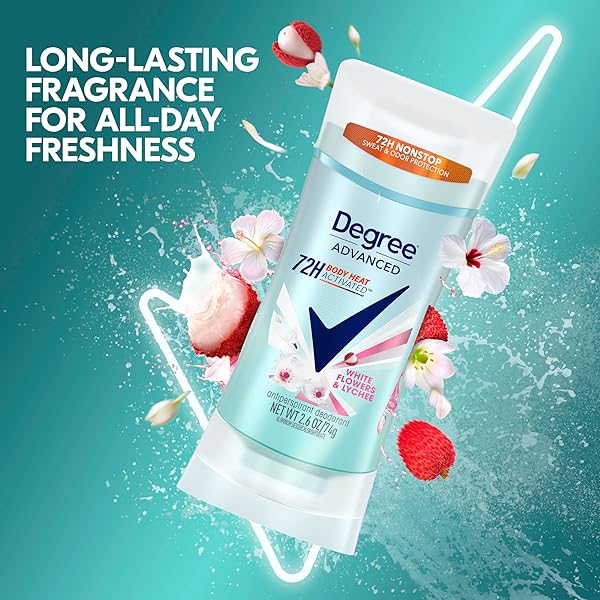 DEGREE ADVANCED PROTECTION ANTIPERSPIRANT DEODORANT WHITE FLOWERS & LYCHEE FOR 72-HOUR SWEAT & ODOR CONTROL FOR WOMEN, WITH BODY HEAT ACTIVATED TECHNOLOGY, 2.6 OZ