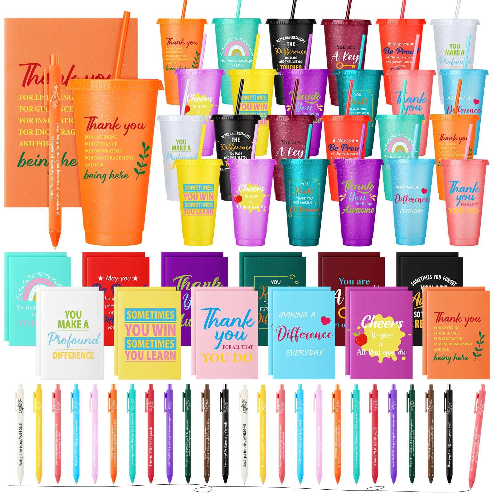 Photo 1 of Feifeiya 72 Pcs/ 24 Set Thank You Gifts Bulk 24 oz Staff Coworker Appreciation Tumbler with Lids and Straws Motivational Pens Inspirational Notepads Set Plastic Cups Gift(Colorful,Awesome)
