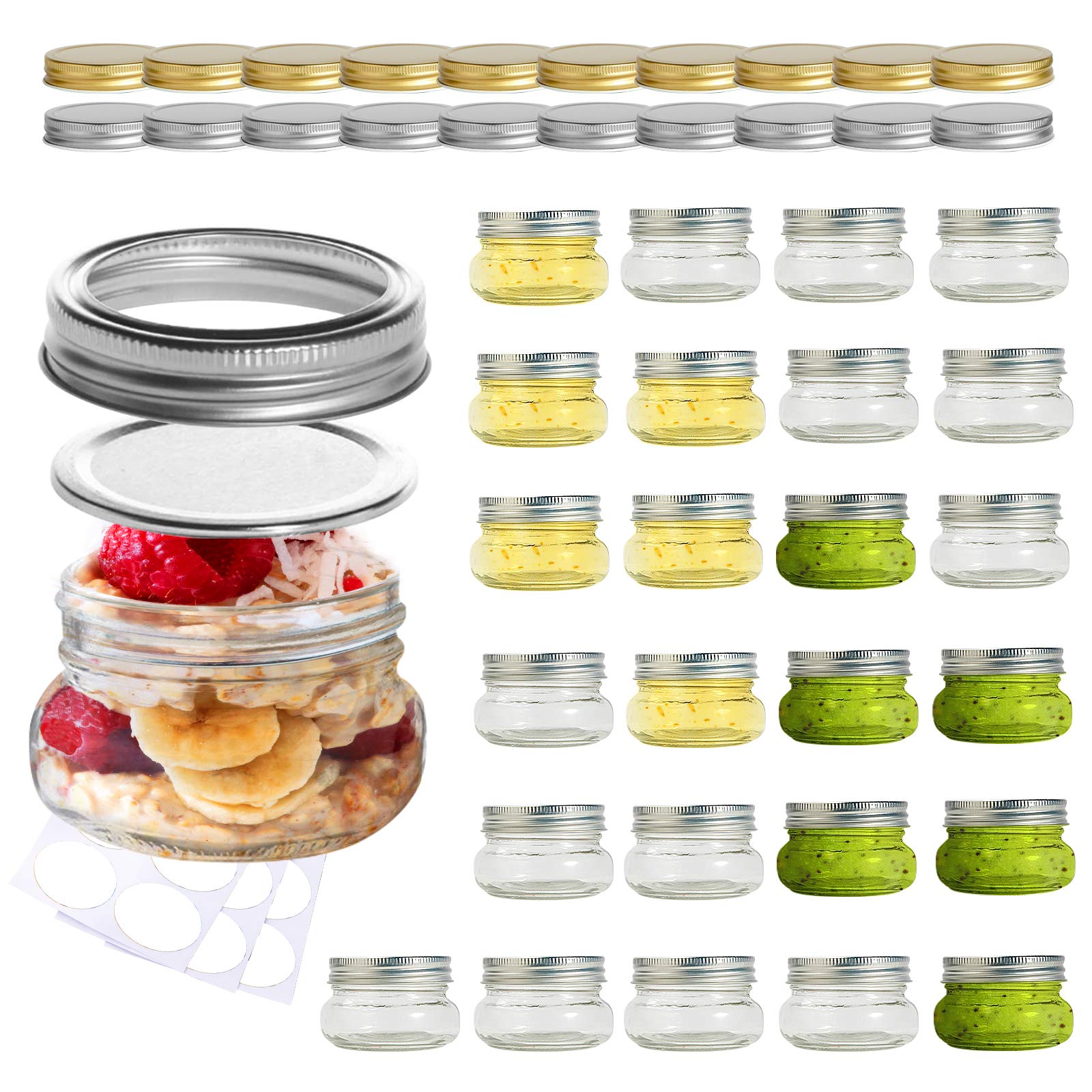SXUDA Mason Jars 4 oz Mini Canning Jars with Regular Silver Lids and Bands Regular Mouth Jelly Jar for Jam, Honey, Wedding Favors, Shower Favors, Baby Foods, DIY Magnetic Spice Jars, 25 PACK
