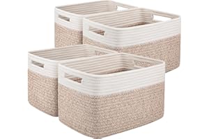 OIAHOMY 4 Pack Storage Baskets for Organizing, Basket for Shelves with Handle, Woven Baskets for Storage Toys, Towels, Books, Cotton Rope Basket 13" L x 9 " W x 7.8 " H, Brown & White